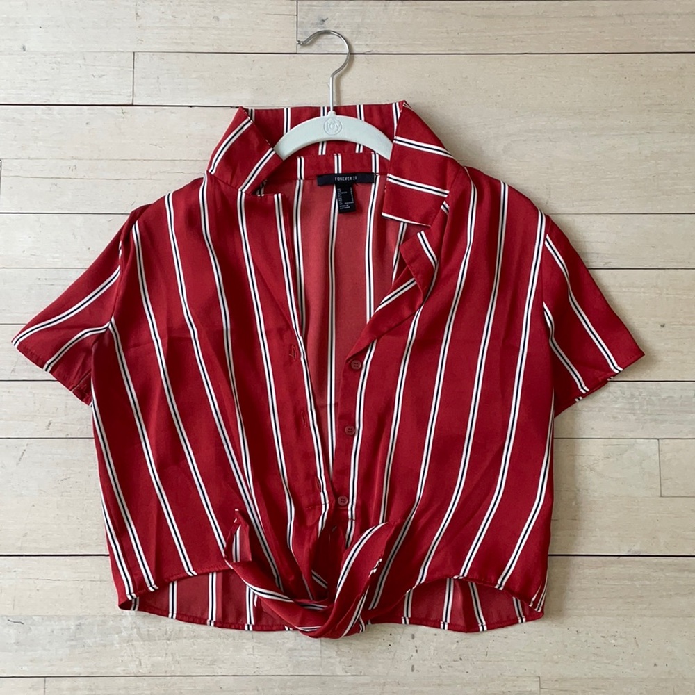 Red button up with black and white stripes